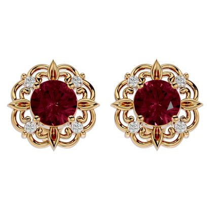 Garnet Earrings: Garnet Jewelry: 2 1/10 Carat Garnet and Diamond Antique Stud Earrings In 14 Karat Yellow Gold