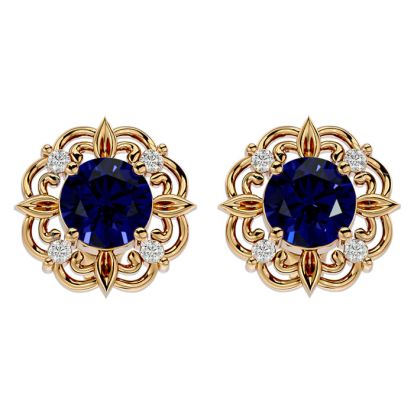 2 1/5 Carat Sapphire and Diamond Antique Stud Earrings In 14 Karat Yellow Gold