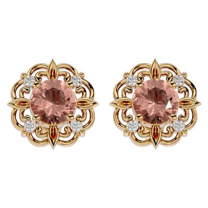 1-3/4 Carat Round Shape Morganite Earrings with Diamond Antique Design Studs In 14 Karat Yellow Gold
