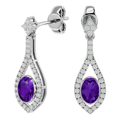 2 Carat Oval Shape Amethyst and Diamond Dangle Earrings In 14 Karat White Gold