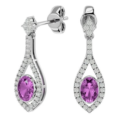 Pink Gemstones 2 1/2 Carat Oval Shape Pink Topaz and Diamond Dangle Earrings In 14 Karat White Gold