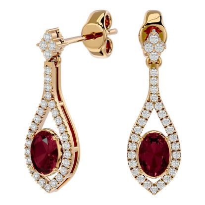 Garnet Earrings: Garnet Jewelry: 2 1/2 Carat Oval Shape Garnet and Diamond Dangle Earrings In 14 Karat Yellow Gold