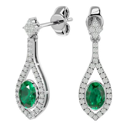 2 Carat Oval Shape Emerald and Diamond Dangle Earrings In 14 Karat White Gold