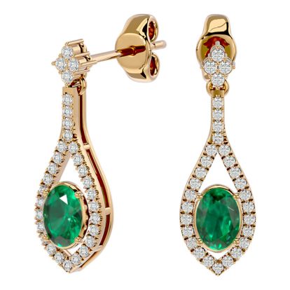 2 Carat Oval Shape Emerald and Diamond Dangle Earrings In 14 Karat Yellow Gold