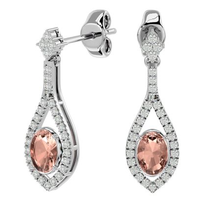 2 Carat Oval Shape Morganite Earrings and Diamond Dangles In 14 Karat White Gold