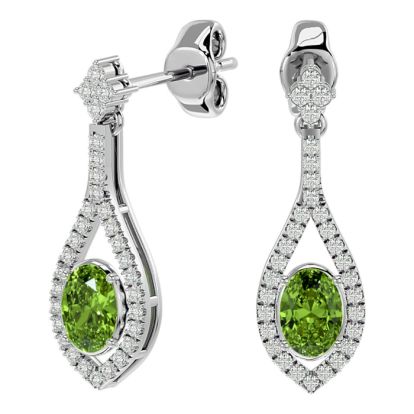 2 1/3 Carat Oval Shape Peridot and Diamond Dangle Earrings In 14 Karat White Gold