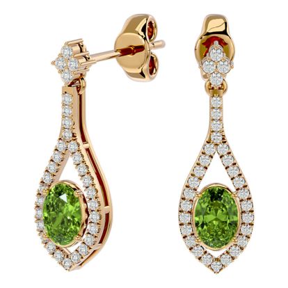 2 1/3 Carat Oval Shape Peridot and Diamond Dangle Earrings In 14 Karat Yellow Gold