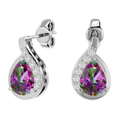 1 1/3 Carat Mystic Topaz and Diamond Pear Shape Stud Earrings In 14 Karat White Gold 