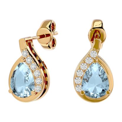 Aquamarine Earrings: Aquamarine Jewelry: 1.40 Carat Aquamarine and Diamond Pear Shape Stud Earrings In 14 Karat Yellow Gold 