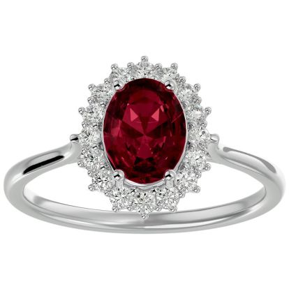 Garnet Ring: Garnet Jewelry: 1 3/4 Carat Oval Shape Garnet and Halo Diamond Ring In 14 Karat White Gold