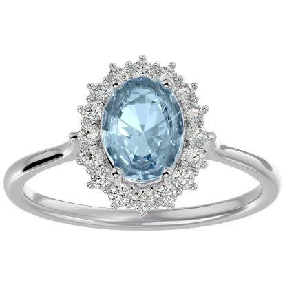 Aquamarine Ring: Aquamarine Jewelry: 1.40 Carat Oval Shape Aquamarine and Halo Diamond Ring In 14 Karat White Gold