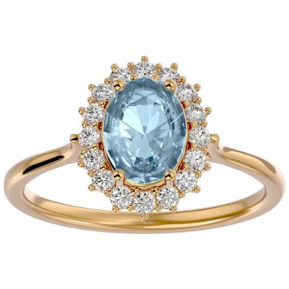 Aquamarine Ring: Aquamarine Jewelry: 1.40 Carat Oval Shape Aquamarine and Halo Diamond Ring In 14 Karat Yellow Gold