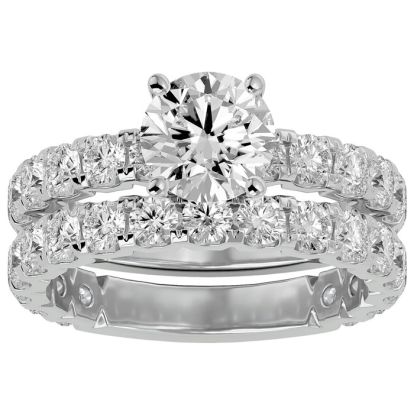 Moissanite Engagement Ring; 3 1/2 Carat Round Moissanite Bridal Set In 14 Karat White Gold
