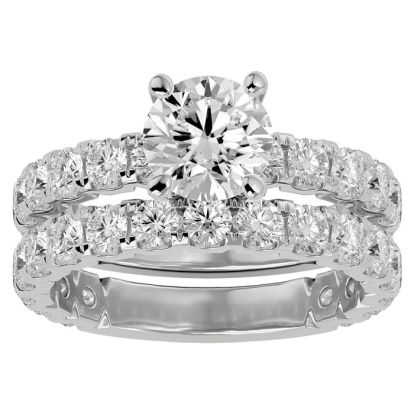 Moissanite Engagement Ring; 4 Carat Round Moissanite Bridal Set In 14 Karat White Gold