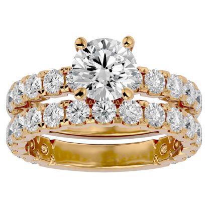 Moissanite Engagement Ring; 4 Carat Round Moissanite Bridal Set In 14 Karat Yellow Gold