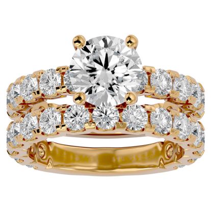 Moissanite Engagement Ring; 5 Carat Round Moissanite Bridal Set In 14 Karat Yellow Gold