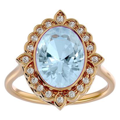 Aquamarine Ring: Aquamarine Jewelry: 1 1/3 Carat Oval Shape Aquamarine and Halo Diamond Ring In 14 Karat Yellow Gold