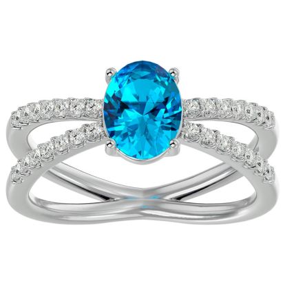 1 3/4 Carat Oval Shape Blue Topaz and Diamond Ring In 14 Karat White Gold