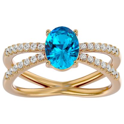 1 3/4 Carat Oval Shape Blue Topaz and Diamond Ring In 14 Karat Yellow Gold