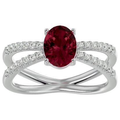 Garnet Ring: Garnet Jewelry: 1 3/4 Carat Oval Shape Garnet and Diamond Ring In 14 Karat White Gold