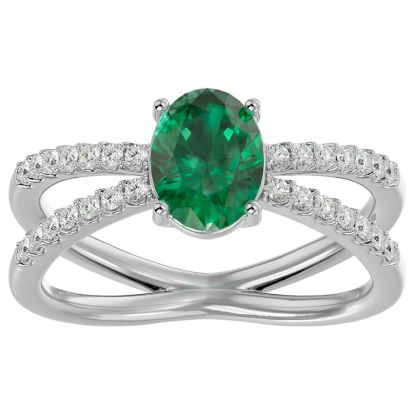1.40 Carat Oval Shape Emerald and Diamond Ring In 14 Karat White Gold