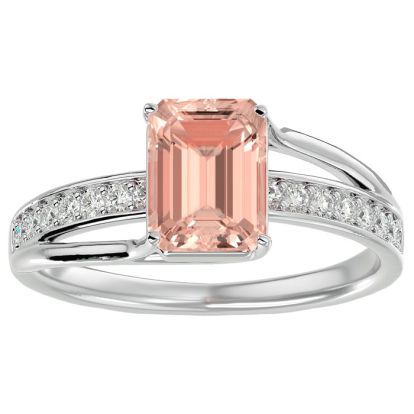 1-1/2 Carat Emerald Shape Morganite and Diamond Ring In 14 Karat White Gold