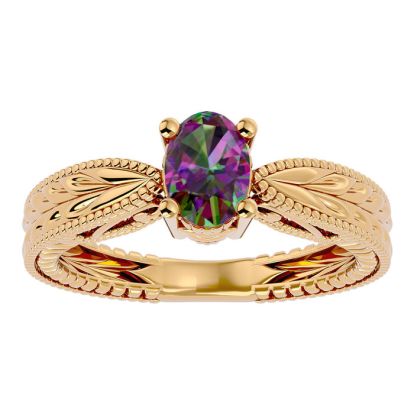 3/4 Carat Oval Shape Mystic Topaz Ring With Tapered Etched Band In 14 Karat Yellow Gold