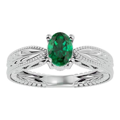 3/4 Carat Oval Shape Emerald Ring With Tapered Etched Band In 14 Karat White Gold