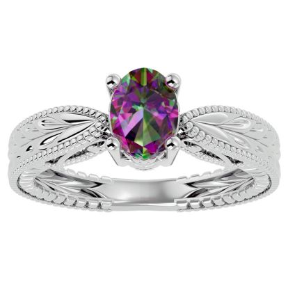 1 Carat Oval Shape Mystic Topaz Ring With Tapered Etched Band In 14 Karat White Gold