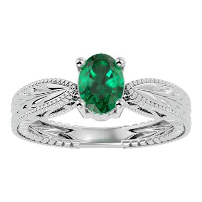 1 Carat Oval Shape Emerald Ring With Tapered Etched Band In 14 Karat White Gold