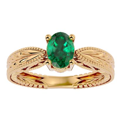 1 Carat Oval Shape Emerald Ring With Tapered Etched Band In 14 Karat Yellow Gold