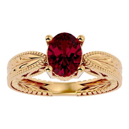 2 3/4 Carat Oval Shape Ruby Ring With Tapered Etched Band In 14 Karat Yellow Gold