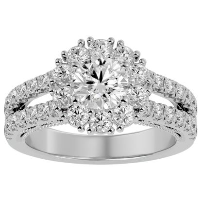 Moissanite Engagement Ring; 2 1/4 Carat Moissanite Halo Engagement Ring In 14 Karat White Gold