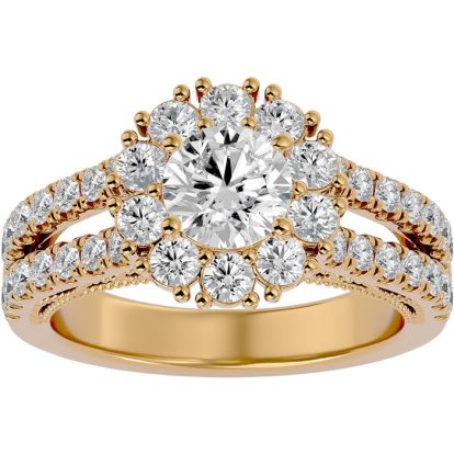 Moissanite Engagement Ring; 4 Carat Moissanite Halo Engagement Ring In 14 Karat Yellow Gold