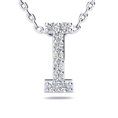 Letter I Diamond Initial Necklace In Sterling Silver With 9 Diamonds, 18 Inches