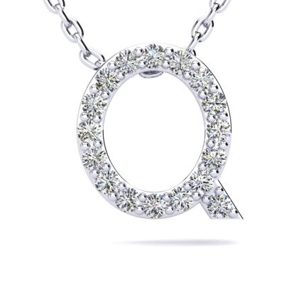 Letter Q Diamond Initial Necklace In Sterling Silver With 17 Diamonds, 18 Inches