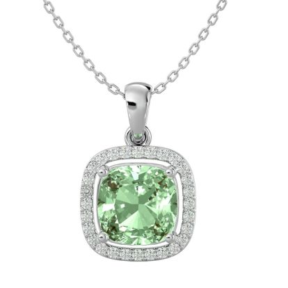 2 1/4 Carat Cushion Cut Green Amethyst and Halo Diamond Necklace In 14 Karat White Gold, 18 Inches