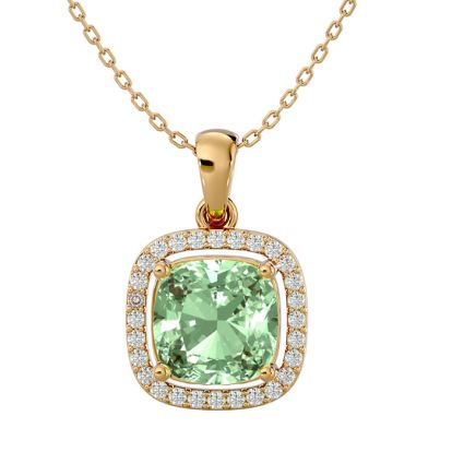 2 1/4 Carat Cushion Cut Green Amethyst and Halo Diamond Necklace In 14 Karat Yellow Gold, 18 Inches