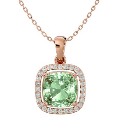 2 1/4 Carat Cushion Cut Green Amethyst and Halo Diamond Necklace In 14 Karat Rose Gold, 18 Inches