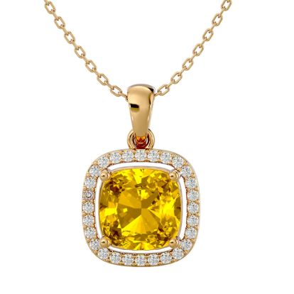 2 1/4 Carat Cushion Cut Citrine and Halo Diamond Necklace In 14 Karat Yellow Gold, 18 Inches