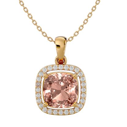 3-1/4 Carat Cushion Shape Morganite With Diamond Halo In 14 Karat Yellow Gold With 18 Inch Chain