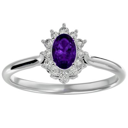 2/3 Carat Oval Shape Amethyst and Halo Diamond Ring In 14 Karat White Gold