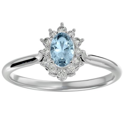 Aquamarine Ring: Aquamarine Jewelry: 2/3 Carat Oval Shape Aquamarine and Halo Diamond Ring In 14 Karat White Gold