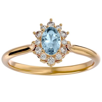 Aquamarine Ring: Aquamarine Jewelry: 2/3 Carat Oval Shape Aquamarine and Halo Diamond Ring In 14 Karat Yellow Gold