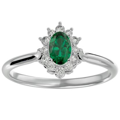 2/3 Carat Oval Shape Emerald and Halo Diamond Ring In 14 Karat White Gold