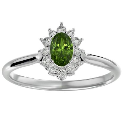 2/3 Carat Oval Shape Peridot and Halo Diamond Ring In 14 Karat White Gold