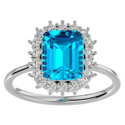 3 Carat Blue Topaz and Halo Diamond Ring In 14K White Gold