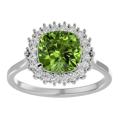 3 Carat Cushion Cut Peridot and Halo Diamond Ring In 14K White Gold