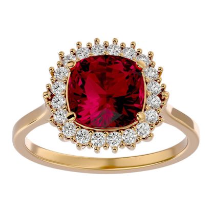 3 1/2 Carat Cushion Cut Ruby and Halo Diamond Ring In 14K Yellow Gold