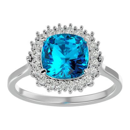 3 Carat Cushion Cut Blue Topaz and Halo Diamond Ring In 14K White Gold